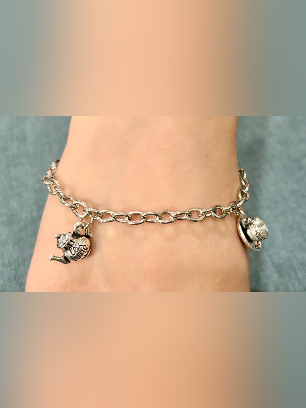 Charming Silver-toned Link “Tea Time” Charm Bracelet with Teapot & Teacup